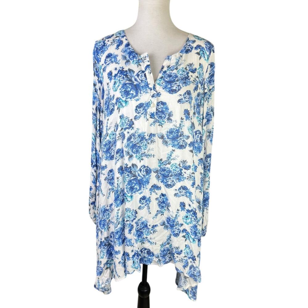 Sincerely Mary M/L Blue White Floral Cross Stitch Long Sleeve Mini Tunic Dress